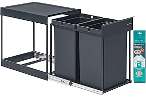 SONGMICS Papelera de Cocina para Reciclaje y Residuos, Cubo de Basura para Armario, 2 x 20 L Compartimentos Dobles, Extraíble, Marco de Acero, Tapa ABS, Gris LTB951GZ01