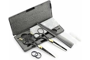 Haryali London czarne fryzjerskie profesjonalne 15 cm zestaw nożyczek fryzjerskich fryzjer teksturyzujące przerzedzenie nożyce do strzyżenia włosów z regulowaną śrubą znajduje się w etui prezentacyjnym