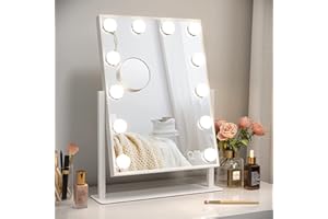 Dripex Miroir Maquillage Lumineux, Miroir LED 12 Lumières Miroir Hollywood Rotation à 360° Miroir Coiffeuse Contrôle Tactile Miroir Lumineux 3 Modes Luminosité Réglable 30 x 41 cm - Blanc