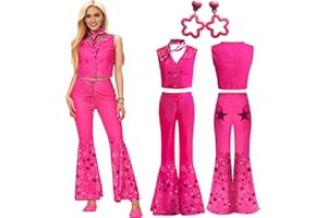 Forfamy Disfraz Rosa Mujer, Disfraz KEN Mujer, Cosplay Vestido para Niñas Mujer 70s 80s Vintage Estrella Hippie Rockwear para Halloween Carnaval
