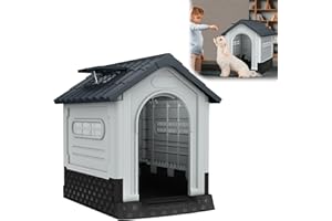 YARDIN Caseta para perros de plástico con suelo elevado, tragaluz y ventilación, 65 x 56,5 x 67 cm, resistente al agua y aislada, casa para mascotas de plástico, para interior y exterior, gris y