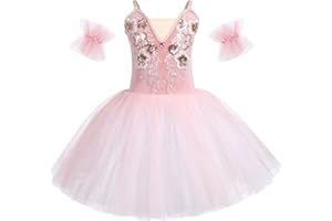 OBEEII Fille Ballet Danse Robe Spaghetti Straps Décalcomanie Brodée Tutu Justaucorps Classique Gymnastique Léotard Costume avec Brassard