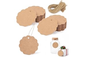 ‎HAKACC HAKACC 140 Stück Runde Geschenkanhänger, Ø6cm Kraftpapier Etiketten mit Wellenrand und Juteschnur für Weihnachtsgeschenke, Flaschen, Hochzeit, Geburtstag und DIY Basteln