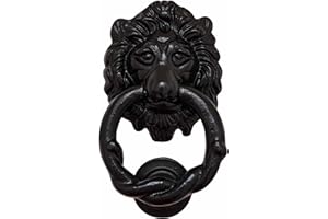 Mythrojan Heurtoir de porte tête de lion en fonte avec vis, style victorien, fabriqué à la main, médiéval, antique, noir, anneau pour porte d'entrée
