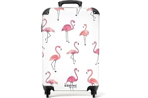 NoBoringSuitcases.com® Kinderkoffer Mädchen Reisekoffer mit Rollen Handgepäck Koffer Tiermotiv - Flamingo - Muster - Rosa - Koffer Kinder mädchenTrolley, 55x40x20