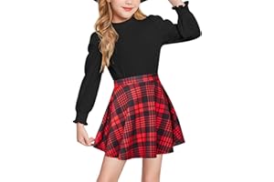 Arshiner Girls' Clothing Sets Long Sleeve T-Shirt with Skirt Set Checked Skirt Set Kids Leisure Fashion Outfit Autumn Winter Clothing Sets with Pockets 6-14 Years