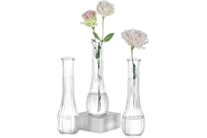 NUPTIO Glass Bud Vases for Flower: 3 Pcs 21.7cm Tall Small Vase for Wedding Decor - Clear Decorative Ribbed Centrepiece for Party Housewarming Home Room Table Decoration