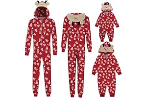 VIUNYCHN Weihnachten Schlafanzug Familie mit Reißverschluss Einteiler Nachtwäsche Kapuze Overall Hausanzug Kuschelig Eltern Kind Hausanzug Christmas Elchdruck Pyjamas Set Weihnachtsschlafanzüge @1