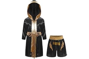 Moggemol Children Boxing Costumes Satin Long Hooded Cloak with Shorts Set Boys Girls Kickboxing MMA Training Outfit