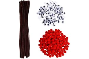 XNHIU Euvoym 500 Pieces Christmas Brown Pipe Cleaners Chenille Stems Red Pom Poms Fluffy Pompoms Wiggle Googly Eyes for Christmas DIY Crafts Reindeer Making Party Supplies