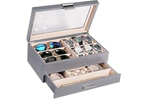 LANDICI Wooden Watch Box Organiser Jewellery box for Men Women, Luxury Piano Paint Large Watch Display Case with 6 Slot Watch Holder, 3 Slot Sunglasses Case, Jewelry Storage Box Drawer, Grey
