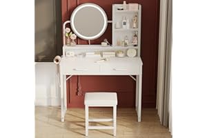 ODK Dressing Table Set, with height-adjustable mirror for 120-180 cm, LED Lights with Adjustable Brightness, Vanity Table with stool, 2 fabric Drawers and 4 Open Compartments, 80×40×136cm, White