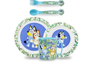 Sorrisini Zestaw naczyń dla dzieci, Zastawa stołowa wielokrotnego użytku, Zestaw posiłków dla niemowląt z talerzem, miska na płatki śniadaniowe, Kubek, Nietłukące się płyty z plastiku, Bluey