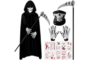 Shinybox Disfraz de Halloween, Halloween Capa con Capucha, Disfraz de Parca con Máscara de Calavera, Guantes, Guadaña y Pegatinas, Disfraz de Fantasma para Halloween Fiesta Carnival Costume Cosplay