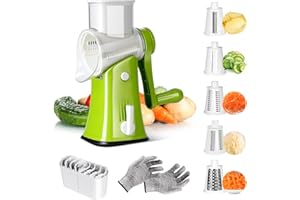 Midyb Tarka do sera z korbą, ręczna tarka bębnowa z 5 wymiennymi ostrzami ze stali nierdzewnej, obrotowa tarka do sera, szatkownica do warzyw do sera, ogórków, marchwi, orzechów (zielona)