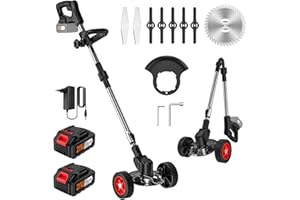WIWOLER Desbrozadora Bateria 21V, Desbrozadora Electrica con 2 x 3.0Ah Baterías y 3 Cuchillas, Ruedas Desmontables, Varilla Telescópica, Cortacésped de Batería Plegable para Recortar Césped y Arbustos