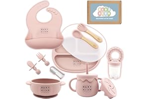 BABYRIRO Baby Weaning Set by Baby RIRO, Weaning Set 15 Pcs, Suction Plate Baby + Bowl, Sippy Cup, Baby Fruit Feeder, Weaning Bib, Baby Spoons, Baby Cutlery Sets, Baby Shower Gifts, Baby Gifts (Rose Pink)