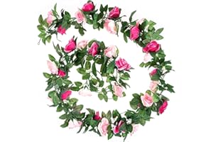 Volsha 2 Pack Fake Rose Vine Flowers Plants, 15ft Pink and Rose Red Artificial Flower Hanging Rose Garlands, for Garden Craft Art Decor, Arch Arrangement Decoration