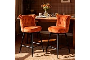 FiveWillowise Barhocker 2er Set, 360° Drehbar Barstuhl, Sitzhöhe 68 cm, Samt, Verstellbare Füße, Küchenstuhl mit lehne für Kücheninsel, Hausbar und Bartheke, Retro - Orangeton