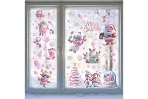 BAILTOUK 9 Hojas Pegatinas Navidad Ventanas Cristal, Decoración Escaparates PVC Adhesivos, Doble Caras Pegatinas Navidad Copo de Nieve Papá Noel Pegatina de Navidads para Adornos Navideños (Rose)