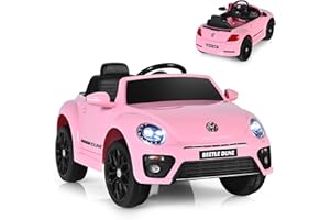 GYMAX Kids Ride on Car, 12V Licensed Volkswagen Beetle Battery Powered Car with Remote Control, Bluetooth, USB, FM, Music, Spring Suspension&Slow Start, Children Electric Vehicle for Girls Boys (Pink)