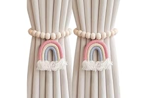MARITOWN 2PCS Curtain Tie Backs, Curtain Tiebacks with Rainbow Tassel Pendant, Wooden Beaded Tie Backs for Curtains, No Punching Curtain Holdbacks Window Treatment for Bedroom Nursery Farmhouse Boho Decor