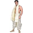 Exotic India Cream Dhoti and Angavastram with Golden Woven Border