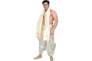 Exotic India Cream Dhoti and Angavastram with Golden Woven Border - Sahne