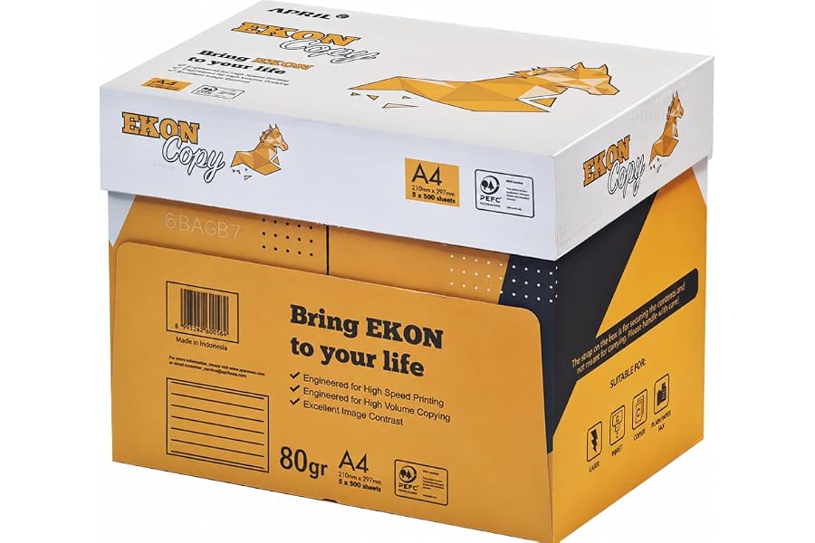 EKON Carta A4 80gr – 5 Risme da 500 Fogli, Totale 2.500 Fogli – Risma Carta A4 Bianca, Fogli A4 per Stampante Laser, Inkjet e