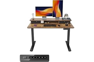 FEZIBO Height Adjustable Electric Standing Desk with Double Drawer, 120 * 60cm Stand Up Table with Storage Shelf, Sit Stand Desk with Splice Board, Black Frame/Rustic Brown Top