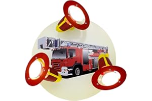 Elobra Wandlampe Kinderzimmer 'Kinderlampe Feuerwehr' | Hochwertige Deckenlampe für Jungen aus Holz - mit Feuerwehr Motiv, 30 x 30 x 18 cm, Rot/Bunt