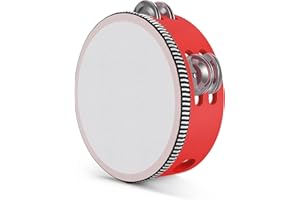 Flexzion Wood Handheld Tambourine Adults 6-Inch Double Row 8-Pair Jingles (Red) - Percussion Round Tamborines Musical Instrument with Metal Zills