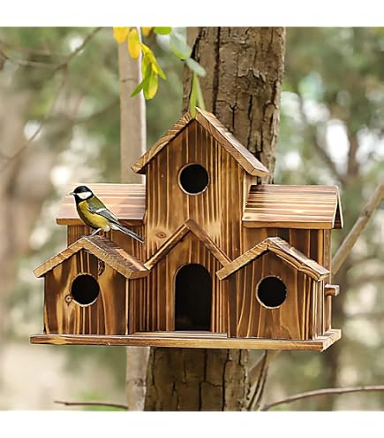 Maison à Oiseaux Multi-trous En Bois – Nichoir Extérieur 6 Chambres, Décoration Jardin Rustique
