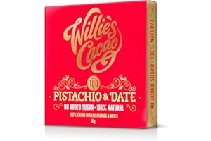 Willie's Cacao - 100% Cocoa with Pistachio & Date - No Added Sugar Chocolate bar - 50g - Naturally sweetened with fruit and nuts - Vegan - Artisan made