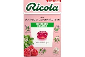 ‎RICOLA Ricola Himbeere Melisse, 50g Böxli Original Schweizer Kräuter-Bonbons mit 13 Alpenkräutern & fruchtig-erfrischender Himbeere, zuckerfrei, 1 x 50g, vegan
