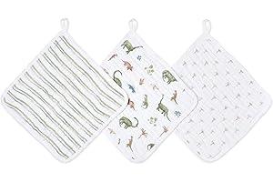 aden + anais Essentials Classic Washcloth Set, Super Soft 100% Cotton Muslin, 3-Pack, Dino Jungle