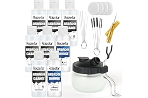 Roizefar Kit di pulizia per aerografo, 6 detergenti per aerografo e 2 diluenti (ogni 100 ml) con vasetto per la pulizia del vetro, rimuove efficacemente la vernice acrilica a base d'acqua, kit di