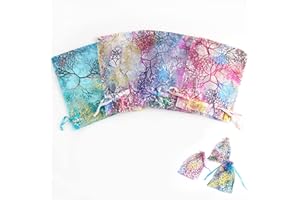 Uheltosly Sacs En Organza,100pcs 7x9cm Cordon De Serrage Coloré Motif Corail Petits Sacs En Organza,Pochette à Bijoux,avec Cordon Ruban Cadeau Emballage Faveur Invités