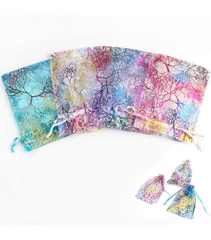 100 Sacchetti Organza 20x15cm - Con Coulisse, Motivo Corallo, Per Bomboniere