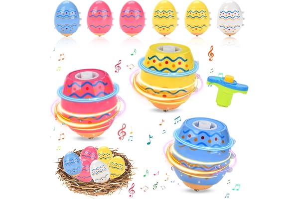 Oeufs de Paques Enfant, Toupies à Œufs de Pâques avec Musique et Lumières LED, Kit de 6 Jouets Toupies Œufs de Pâques Lumineux, Kit de TOU-pies Œufs de Pâ-ques, Gyroscope Clignotant pour Enfants