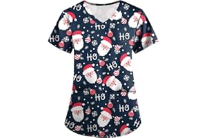 HKUOPW Christmas Scrubs Nurses Top Healthcare Uniform Tunics Short Sleeve Santa Claus for Career Day Christmas Uniforms for Women Dog Grooming Workwear Beauty Tunic for Ladies