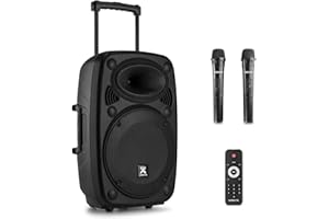 Vonyx Verve38 - Altavoz portátil autoamplificado de 800W con batería, Bluetooth, subwoofer de 12", Reproductor USB/SD/MP3, Entrada AUX, 2 micrófonos UHF, Karaoke y Mando a Distancia, Color Negro