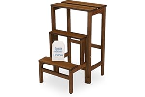 TOMAINO - Scaletta 3 Gradini Ribaltabile In Legno GIULIETTA - Scaletta Pieghevole con Sgabello Richiudibile per Casa, Ufficio - Scala 3 Gradini Salvaspazio - Noce