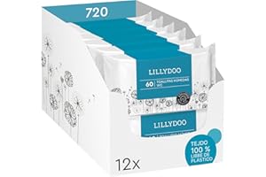 Toallitas húmedas WC LILLYDOO, 720 toallitas (12 x 60), toallitas libres de plástico y desechables, sin perfumes