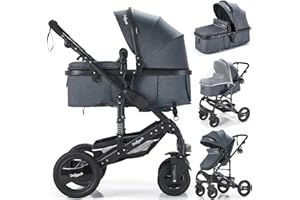 Daliya Bambimo 2in1 Kinderwagen - Kombikinderwagen 9-Teiliges Set incl. Babywanne & Sportsitz/Buggy - 1-Klick-System/Alu-Rahmen/Voll-Gummireifen/Sonnenschutz/Getränkehalter in Dunkel-Grau