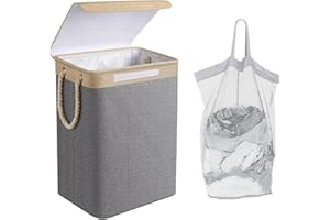 M MOACC 76L Foldable Laundry Hamper with Removable Bag, Washing Baskets for Laundry with Lid, Folding Small Slimline Laundry Baskets for Dirty Clothes, Laundry Basket with Handle for khaki and Grey
