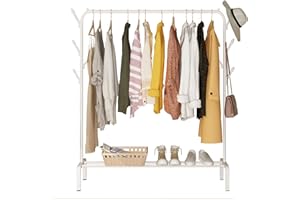 ACCSTORE Clothes Rack Rail Metal Garment Rack Freestanding Hanger Bedroom Clothing Rack With Lower Storage Shelf for Boxes Shoes and Side Hooks,White