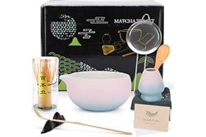 ZUSUZU 9 pezzi Matcha Kit con gradient color,incluso Ciotola di matcha,supporto per spazzola,spazzola per matcha,Ricamo Tea cloth e cartoline di saluto,ecc.– Set regalo per gli amanti del matcha