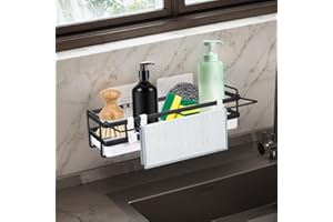 WUISOLQP Wall Mounted Kitchen Sink Caddy Organizer Washing up Organiser with Drip Tray Removable Kitchen Drain Rack No-Drilling Sponge Holder for Cleaning Products Storage Organiser with Hook (Black)