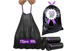 Manfâ Sac à Cordon à Fermeture Automatique 60 * 70cm 50 L 72pcs Sacs à ordures Noir Fit pour Bureau Cuisine Chambre Salle de Bains Jardin et Patio